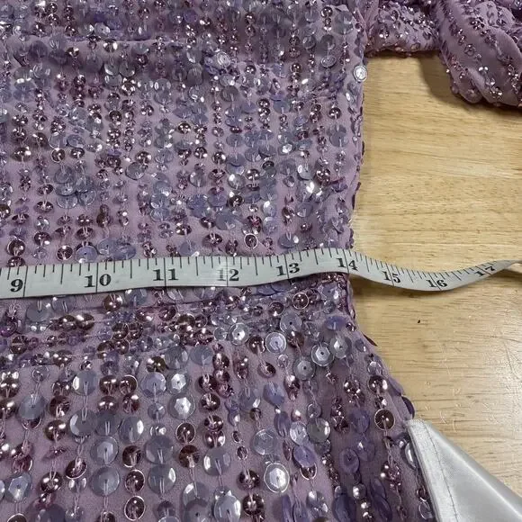 Mac Duggal NWT Purple Sequined Illusion Puff Sleeve V Neck Midi Dress Size 6
